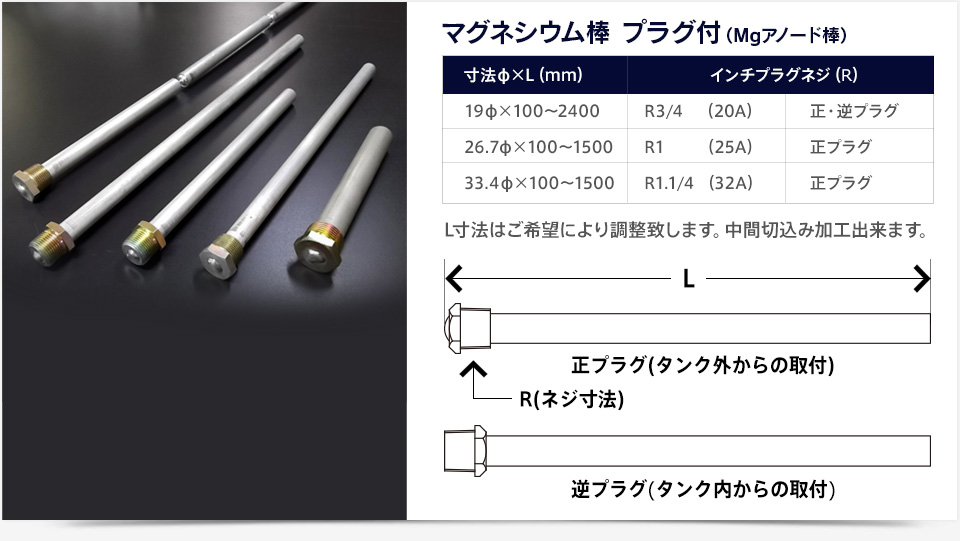 マグネシウム棒 プラグ付（Mgアノード棒） 19φ×100～2400 : R3/4　（20A） :  正・逆プラグ / 26.7φ×100～1500 : R1　　（25A） : 正プラグ / 33.4φ×100～1500 : R1.1/4 （32A） : 正プラグ / L寸法はご希望により調整致します。中間切込み加工出来ます。